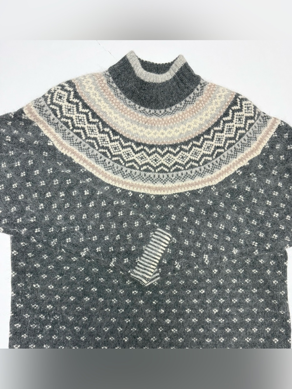 Valerie Stevens Furblend Charcoal and Cream Nordic Turtleneck Sweater size M